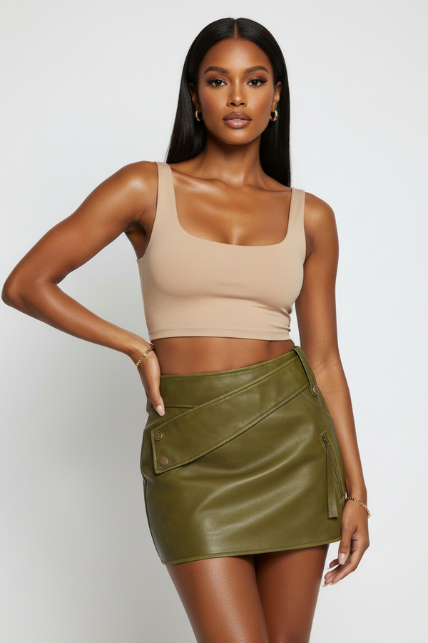 Faux Leather Strap Mini Skirt, Olive