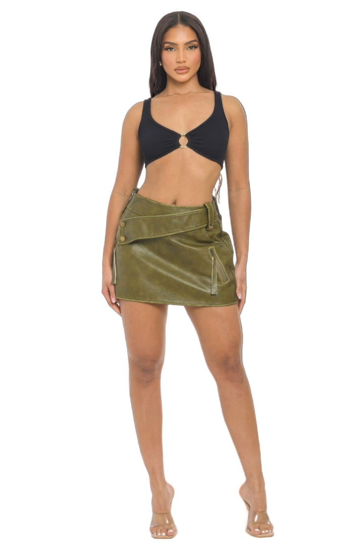 Faux Leather Strap Mini Skirt, Green