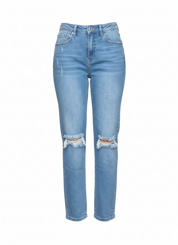 Medium Wash High Rise Jeans With Distress And Rips