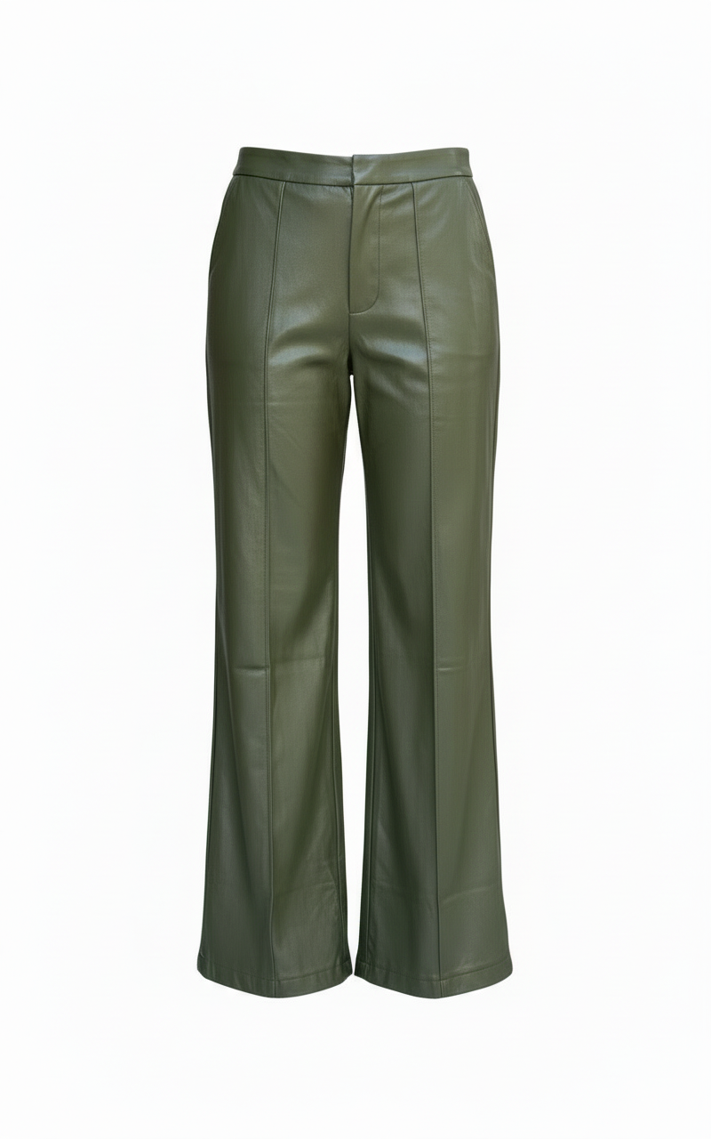Front Pleated Faux Leather Wide Leg Pants, Green