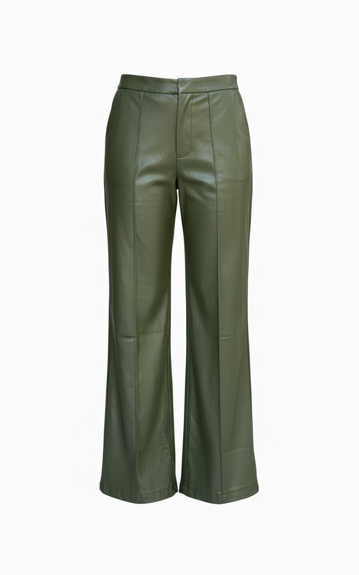 Front Pleated Faux Leather Wide Leg Pants, Green