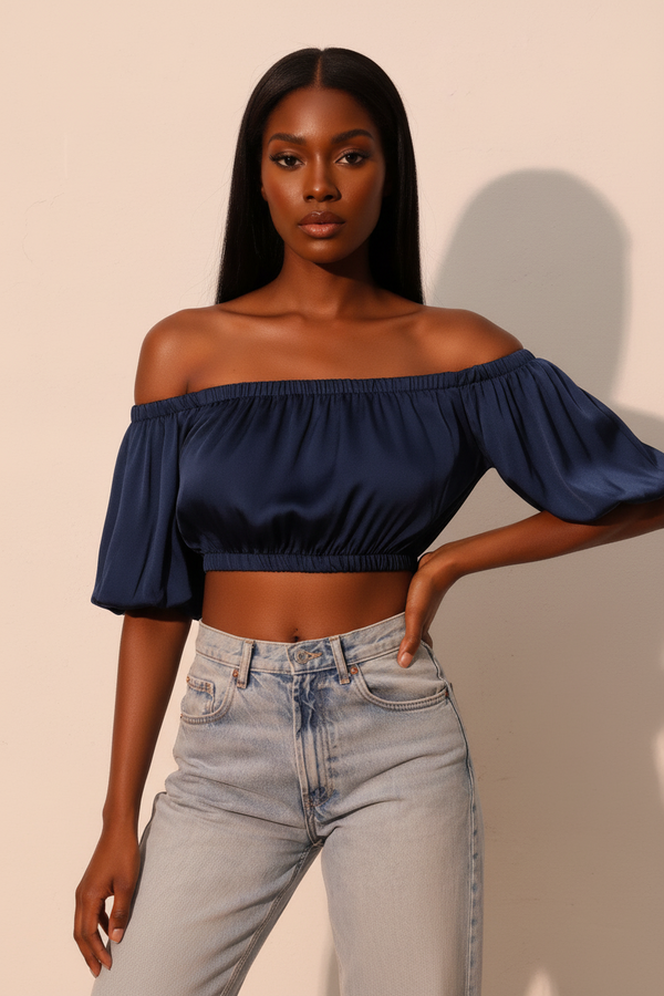 Washed Poly Silk Bubble Sleeve Crop Top