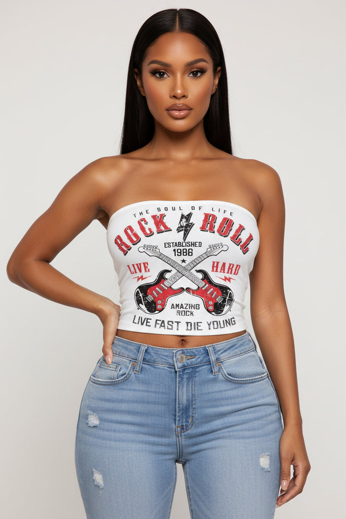 Rock & Roll Graphic Tube Top, White – 7Kouture