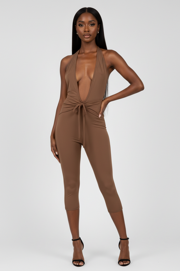 Capri Jumpsuit Openback Tie Neck