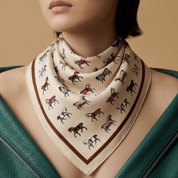 Equestrian Horse Print Satin Square Scarf - Classic Preppy