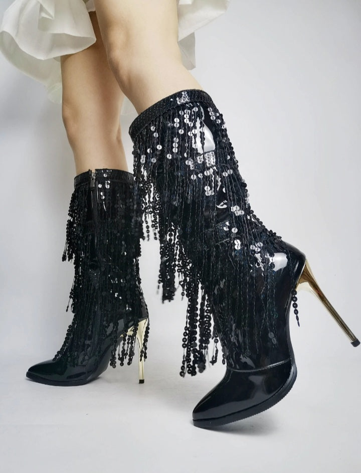 Pointed Toe Fringe Sequined Mid Calf Tassel Metallic Glitter Women's Boot