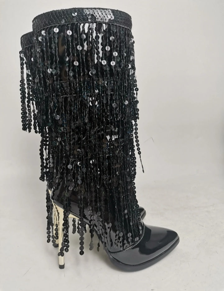 Pointed Toe Fringe Sequined Mid Calf Tassel Metallic Glitter Women's Boot