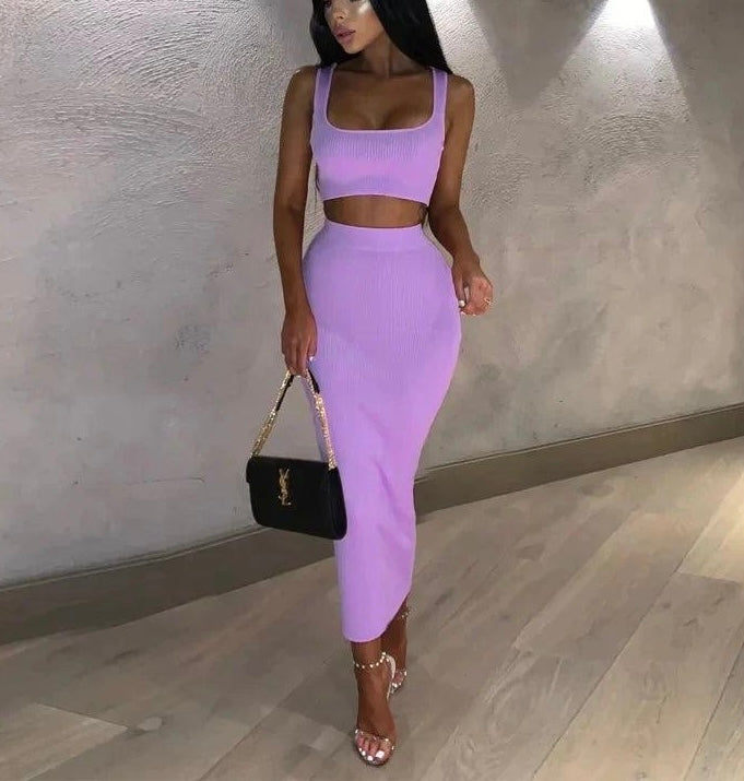 Purple Crop Top And Maxi Skirt Set