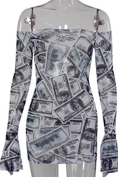 Money Print Mesh Mini Flare Dress - 7Kouture