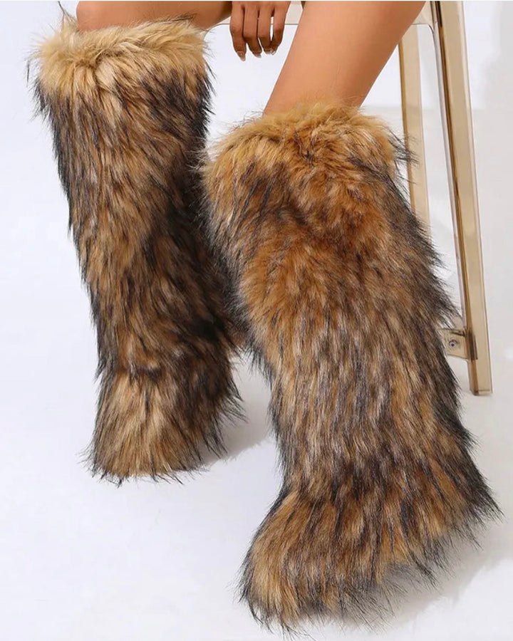 Tall Light Brown Faux Fur Fluffy Snow Boots