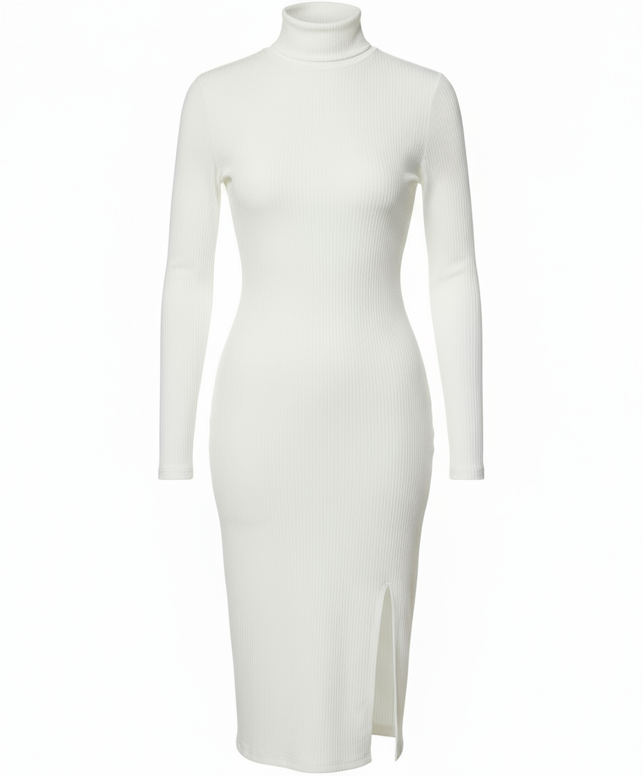 Soft Power Ivory Ribbed Turtleneck Midi Dress