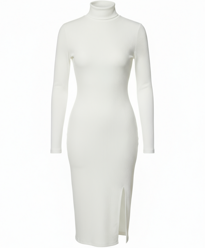 Ribbed Turtleneck Bodycon Dress - White