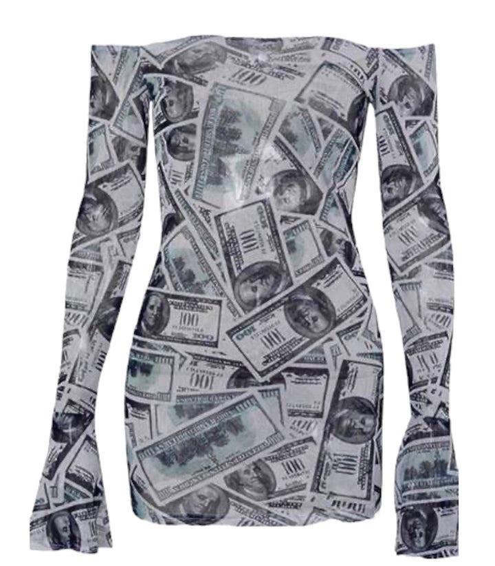 Money Print Mesh Mini Flare Dress - 7Kouture