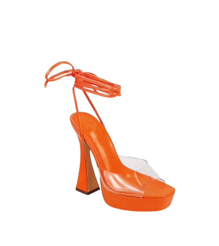 Tropical Orange Clear Platform Heels, Size 7.5