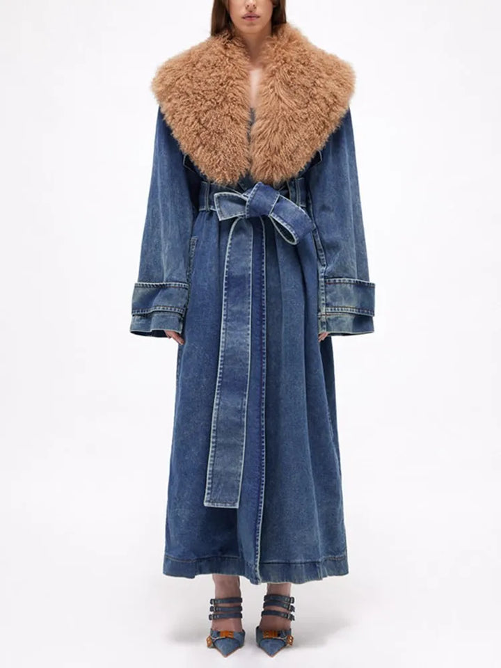 Fur Collar Long Sleeve Loose Casual Denim Trench