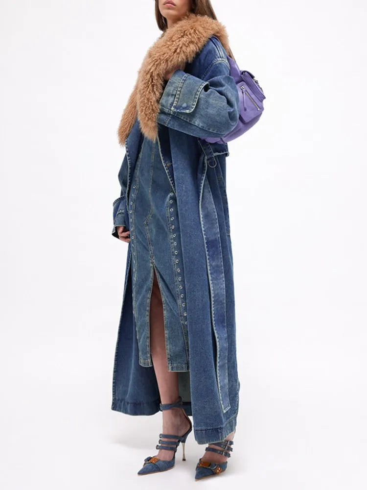 Fur Collar Long Sleeve Loose Casual Denim Trench