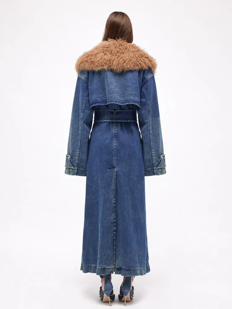 Fur Collar Long Sleeve Loose Casual Denim Trench