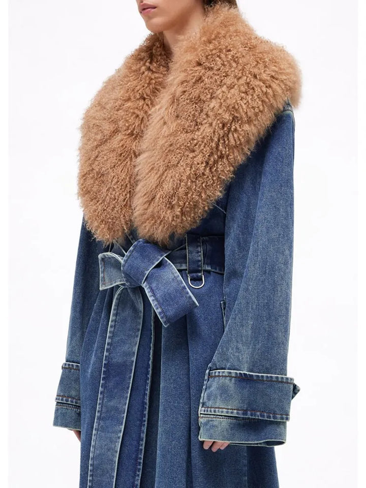 Fur Collar Long Sleeve Loose Casual Denim Trench