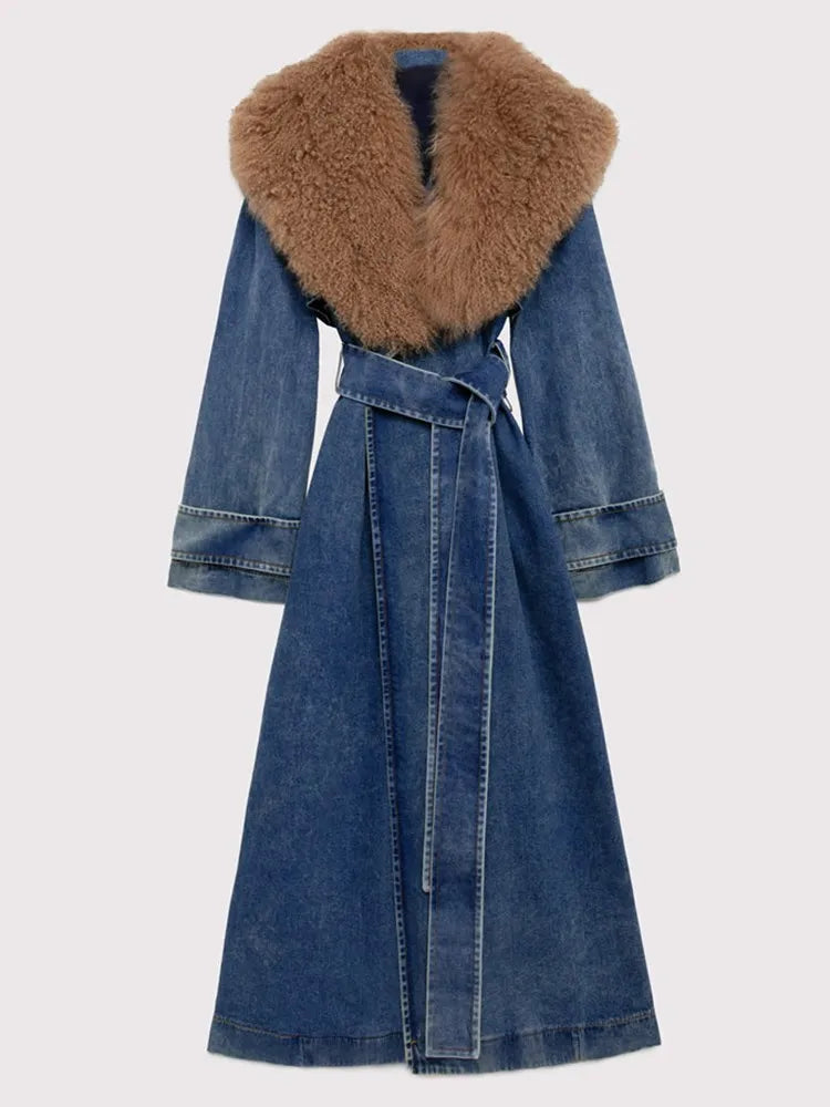 Fur Collar Long Sleeve Loose Casual Denim Trench