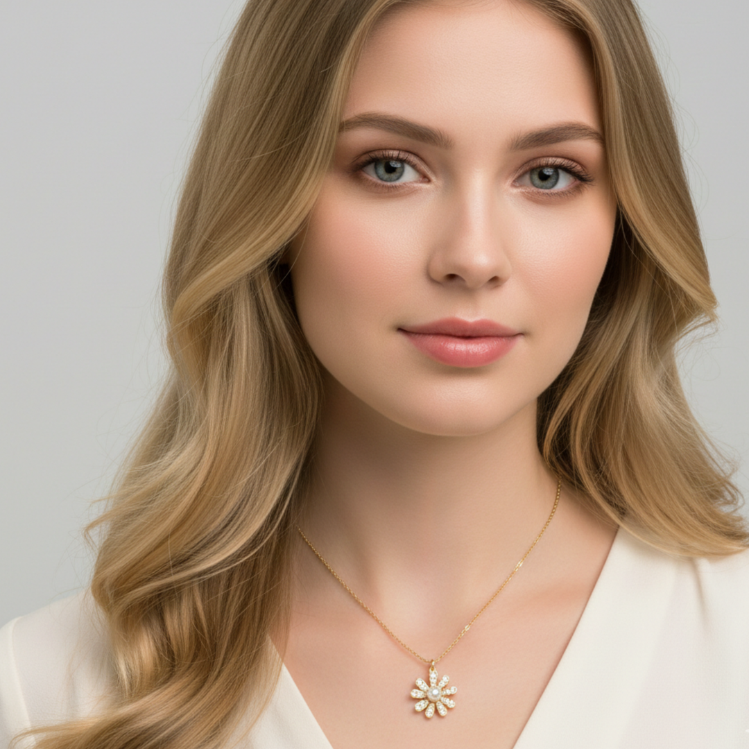 Golden Glow Blossom Necklace Pearl Center With Shimmering Petals