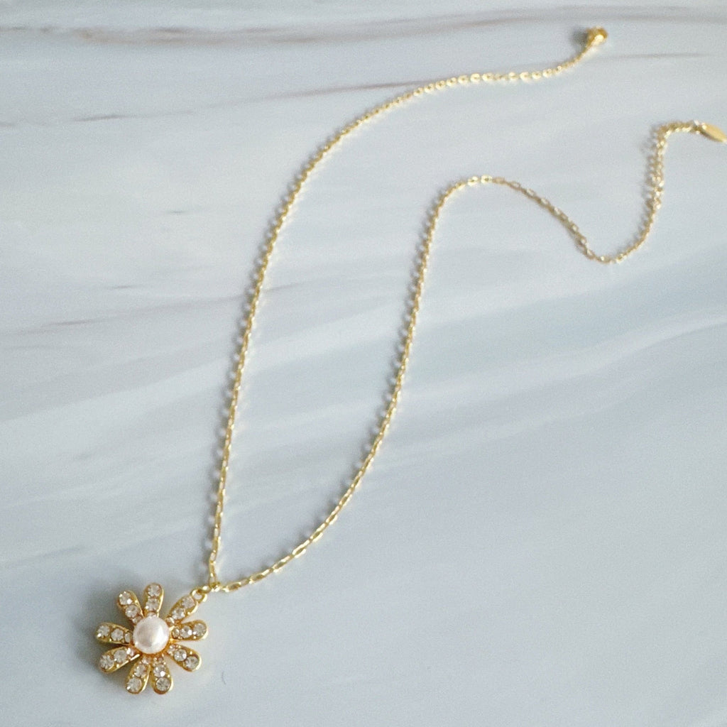 Golden Glow Blossom Necklace Pearl Center With Shimmering Petals