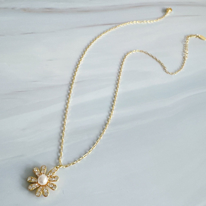 Golden Glow Blossom Necklace Pearl Center With Shimmering Petals