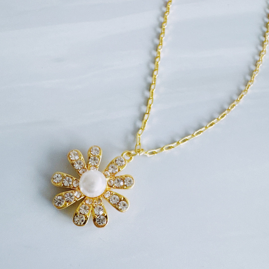 Golden Glow Blossom Necklace Pearl Center With Shimmering Petals