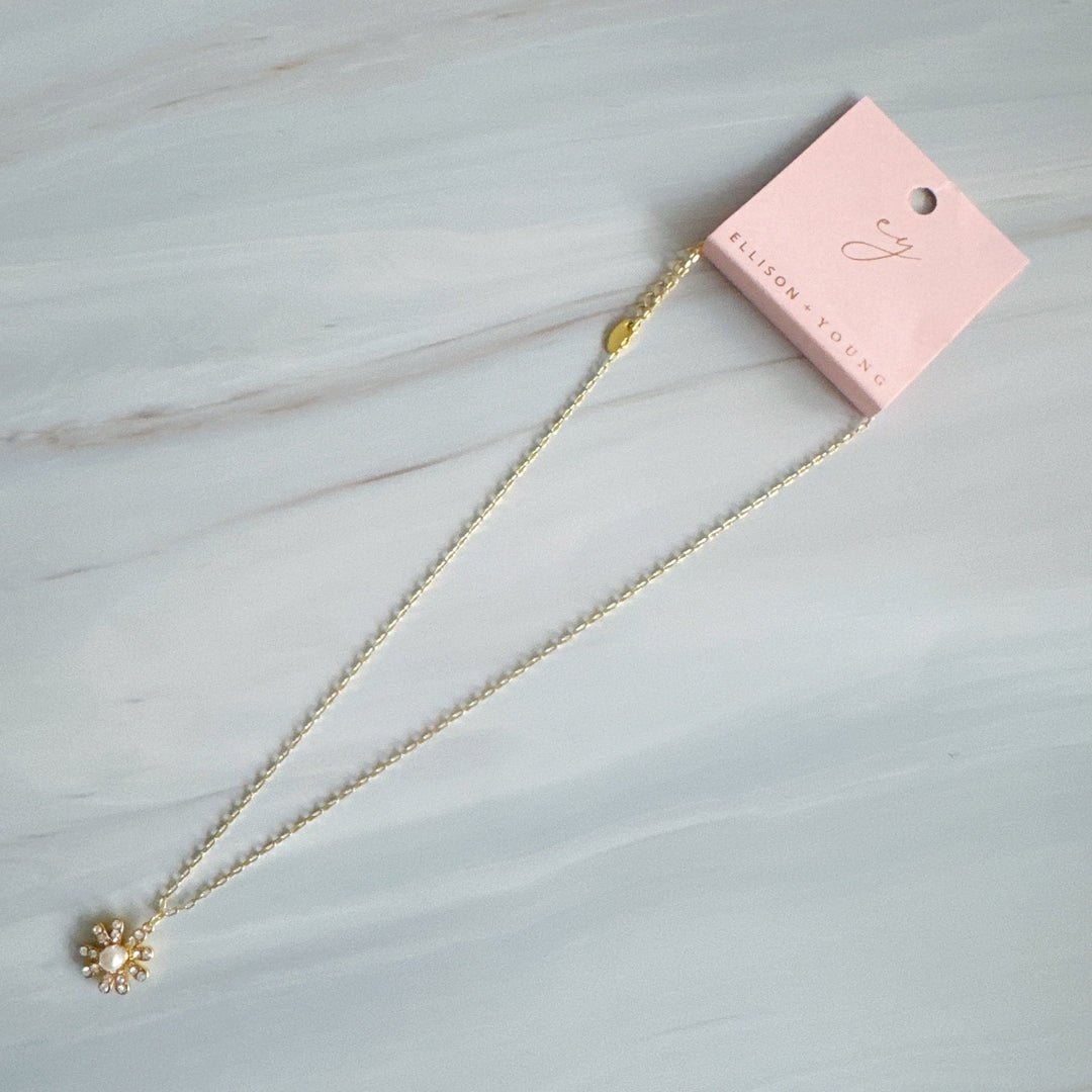 Golden Glow Blossom Necklace Pearl Center With Shimmering Petals