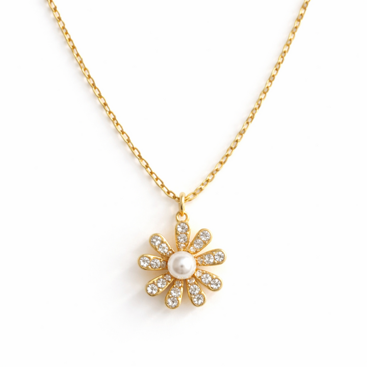 Golden Glow Blossom Necklace Pearl Center With Shimmering Petals