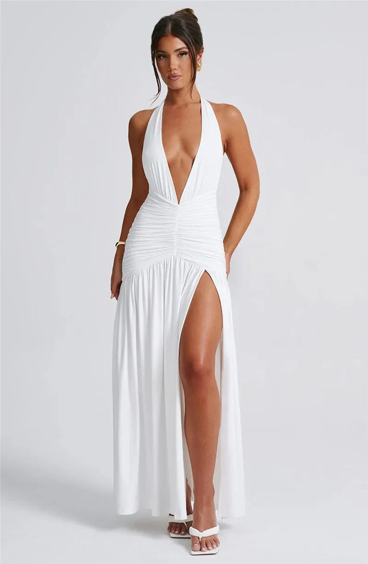 Halter Deep V Neck Backless Maxi Dress Backless Split Slimming