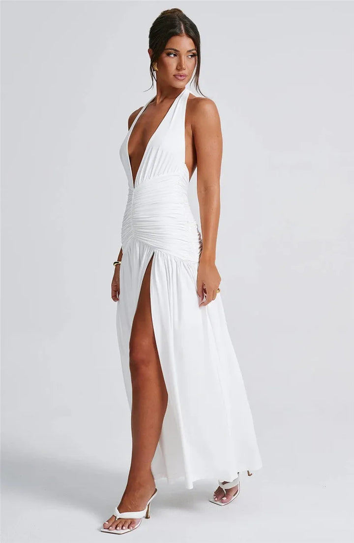 Halter Deep V Neck Backless Maxi Dress Backless Split Slimming