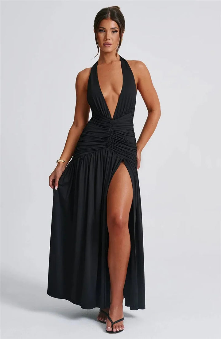 Halter Deep V Neck Backless Maxi Dress Backless Split Slimming