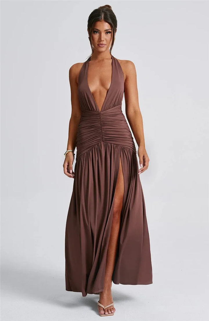 Halter Deep V Neck Backless Maxi Dress Backless Split Slimming