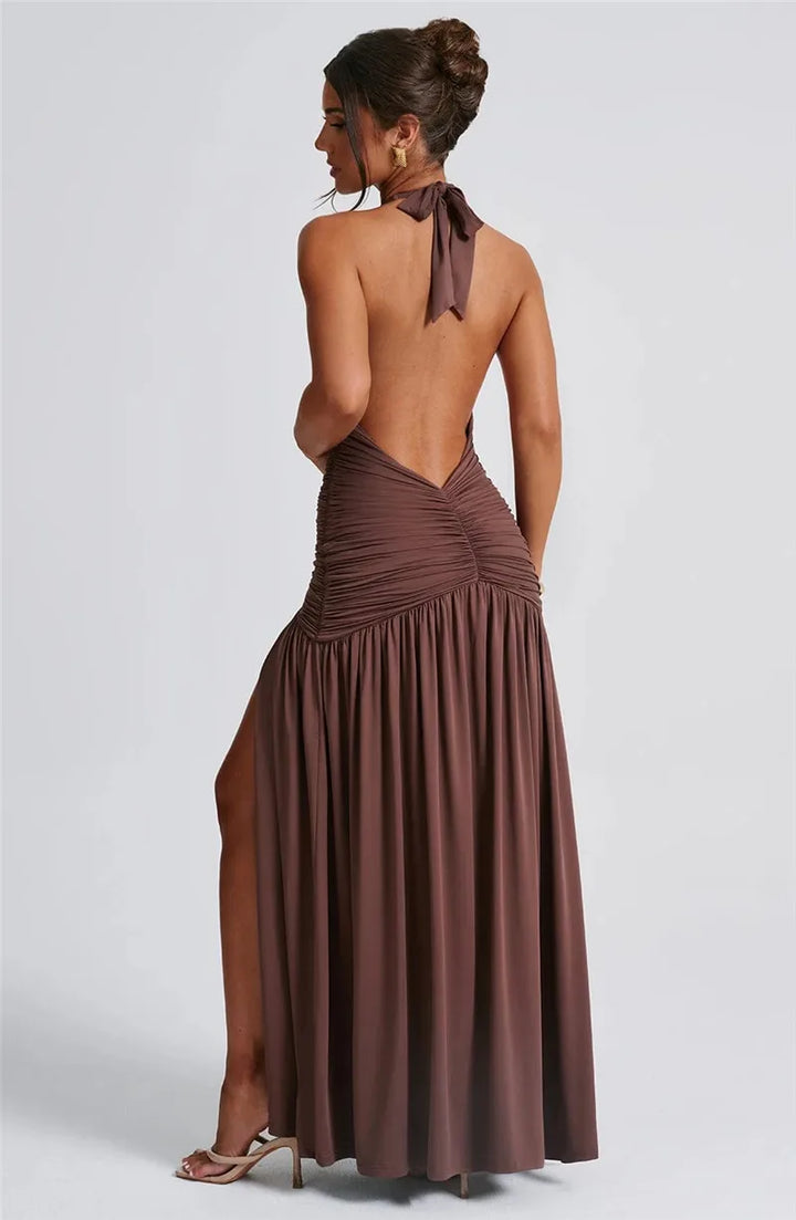 Halter Deep V Neck Backless Maxi Dress Backless Split Slimming