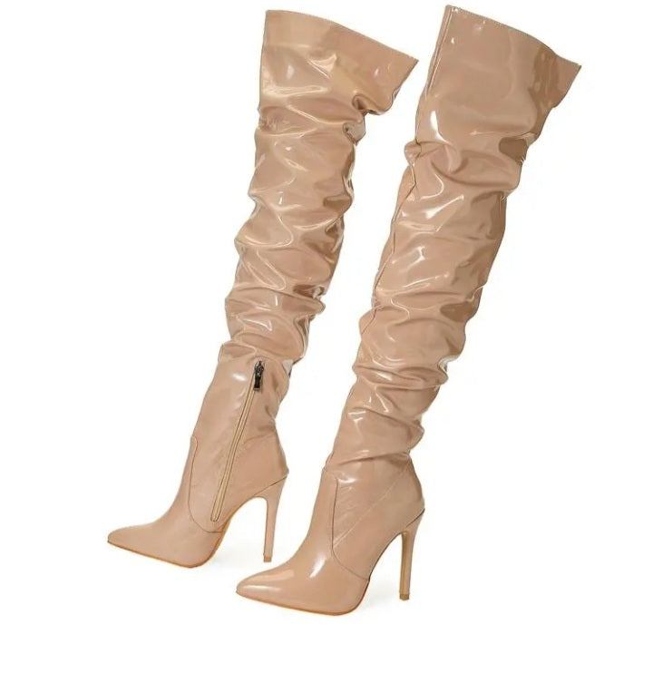 Patent Leather Pleated Design Over The Knee Boots