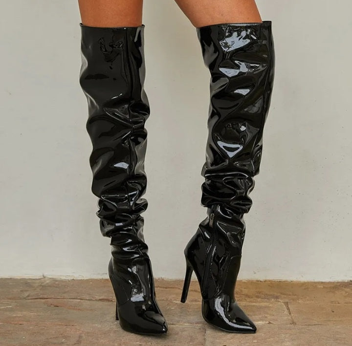 Patent Leather Pleated Design Over The Knee Boots