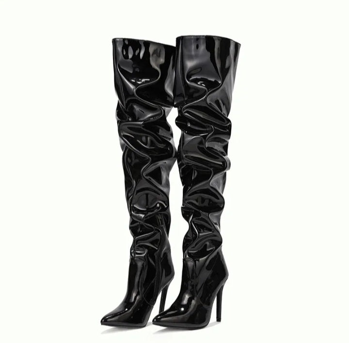 Patent Leather Pleated Design Over The Knee Boots