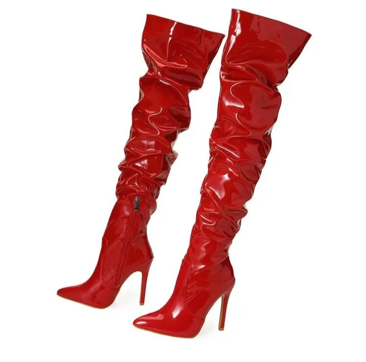 Patent Leather Pleated Design Over The Knee Boots