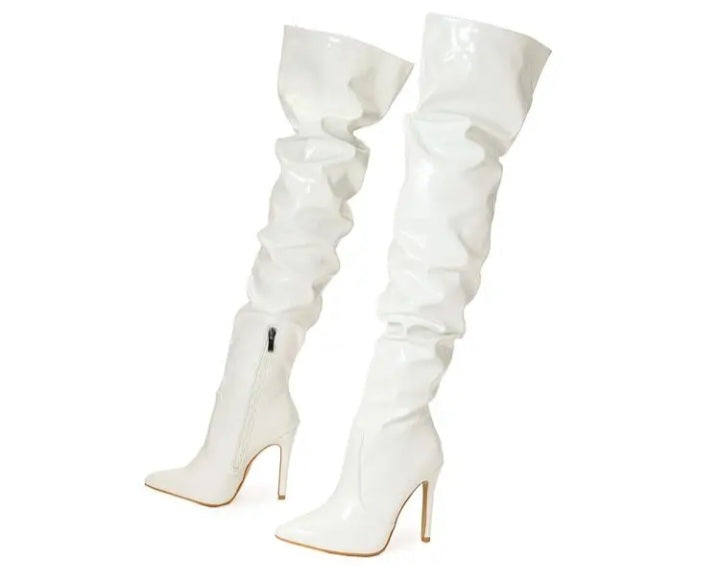 Patent Leather Pleated Design Over The Knee Boots