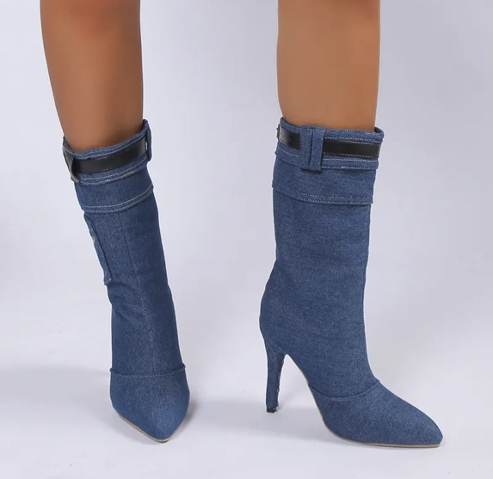 Denim Boots High Heel Mid Calf Boots