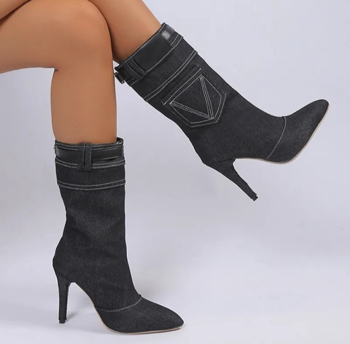 Denim Boots High Heel Mid Calf Boots