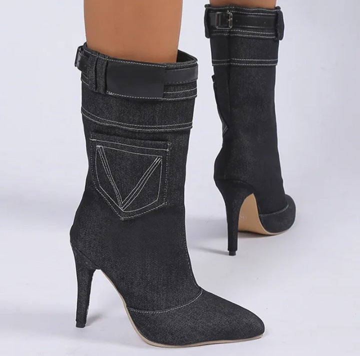 Denim Boots High Heel Mid Calf Boots