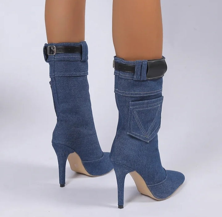 Denim Boots High Heel Mid Calf Boots