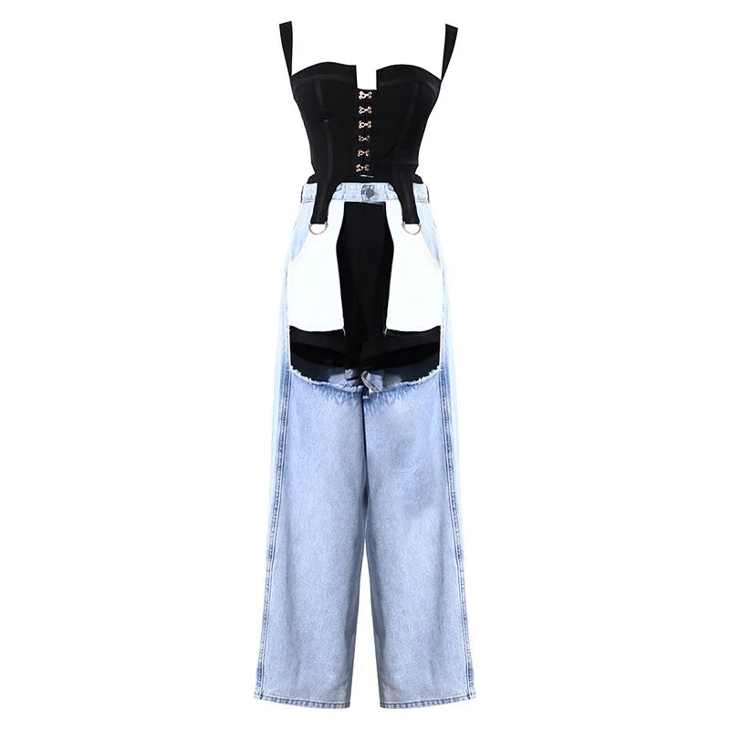 Hollow Design High Waist Vest Nightclub Female Denim Pant