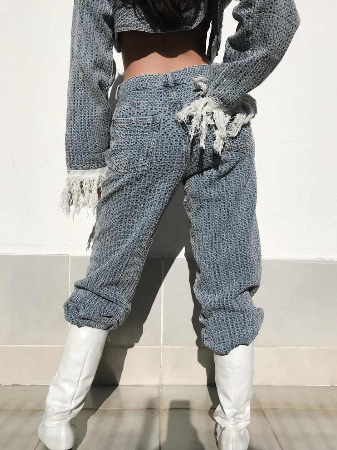 Short Denim Jacket Wide Leg Pants Two Piece Set