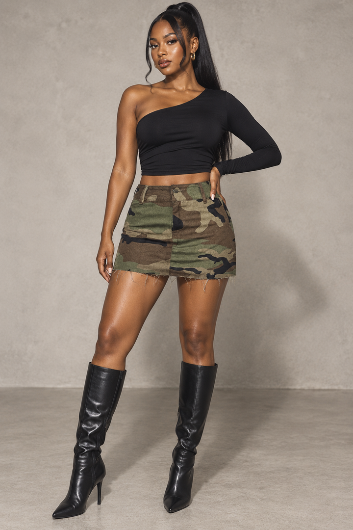 Mission Mode Camo Raw-Hem Mini Skirt