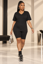 On Repeat Black V-Neck Biker Shorts Set