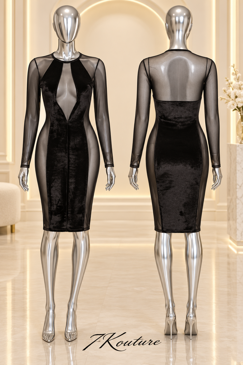Midnight Reveal Black Velvet & Mesh Bodycon Dress