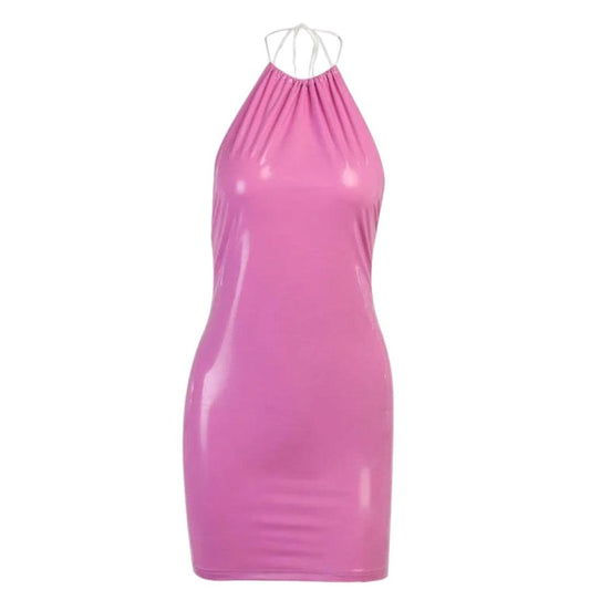 Pink Faux Leather Halter Mini Dress