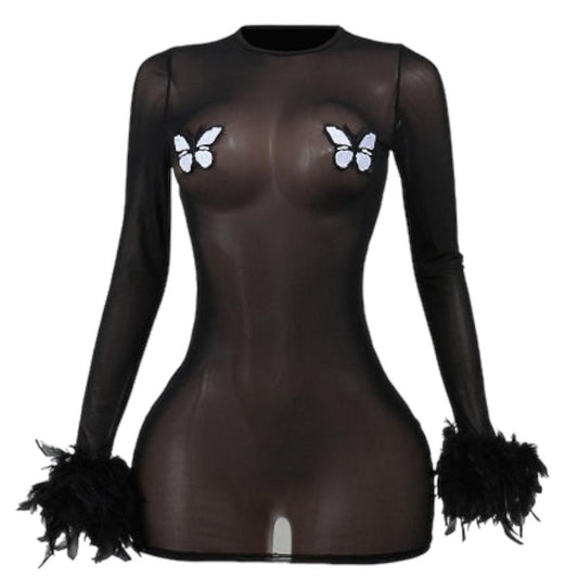 Act Bad Black Mesh & Feather Dress